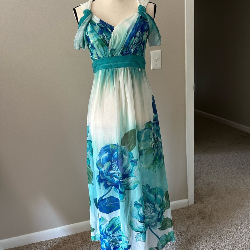 Rinascimento Floral Blue and Green Maxi Dress Made in Italy